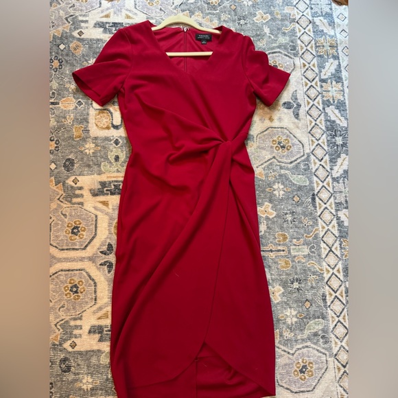 Tahari Asymmetrical Knot Red Sheath Dress - Picture 6 of 10